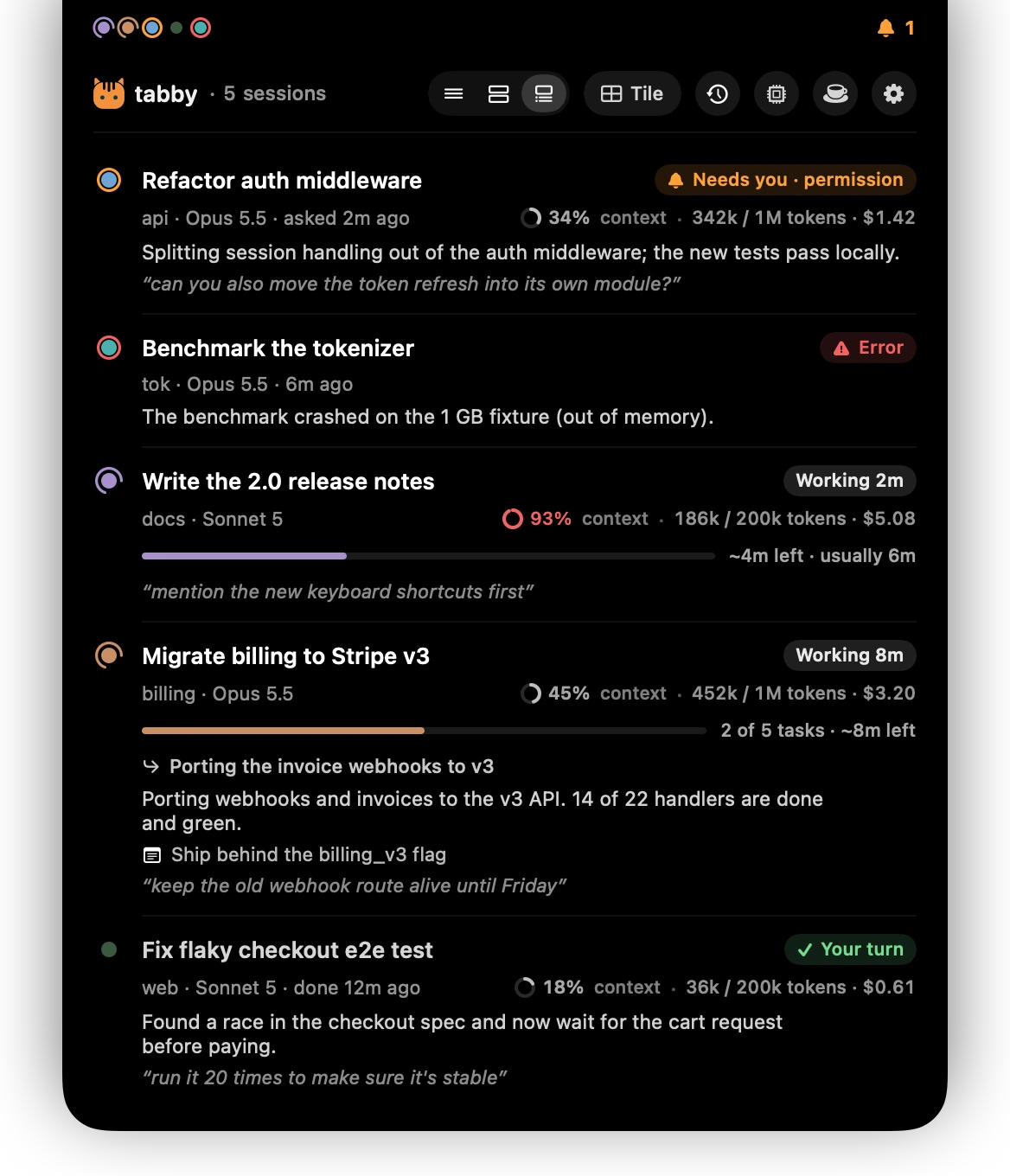 Tabby Island in Detailed mode: every session with its summary, current task, last prompt, tokens and cost