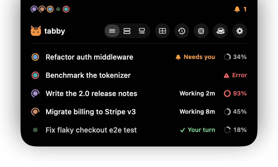 Tabby Island in Minimal mode: one line per session with its dot, name, status and context used