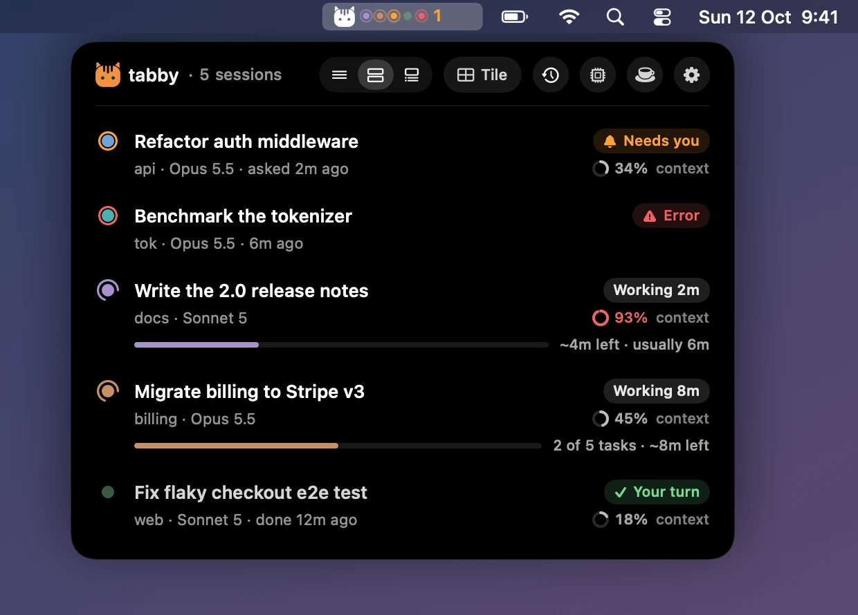 Menu bar mode: the island as a card under the cat in the menu bar, listing five sessions with their status and context
