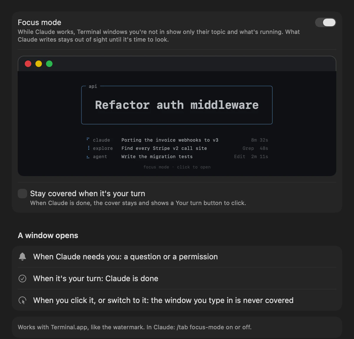 Settings › Focus: Focus mode with a preview, a box to stay covered when it's your turn, and when a window opens again