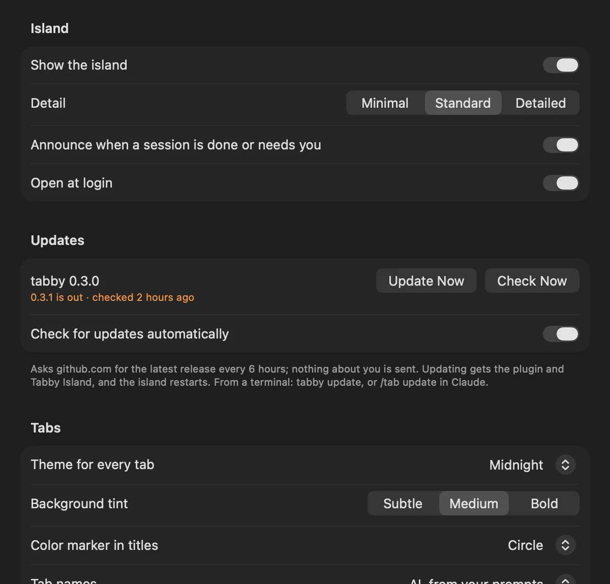 Settings › General: show the island, detail level, announcements, open at login, updates, and the theme, tint and marker for tabs