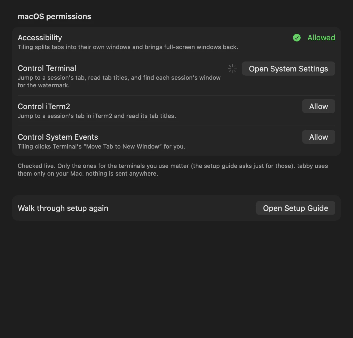 Settings › Permissions: Accessibility allowed, Control Terminal, Control iTerm2 and Control System Events checked live, with Allow buttons