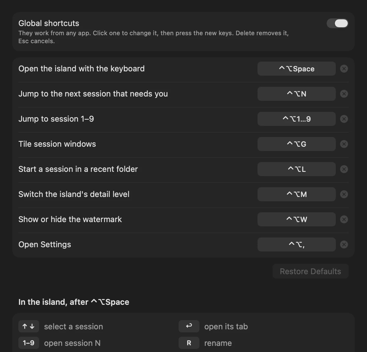 Settings › Shortcuts: every global shortcut, each one changeable, and the keys that work inside the island