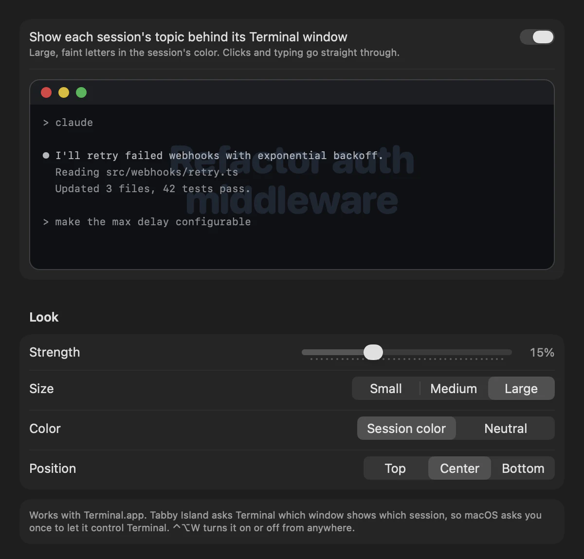 Settings › Watermark: a preview, then strength, size, color and position