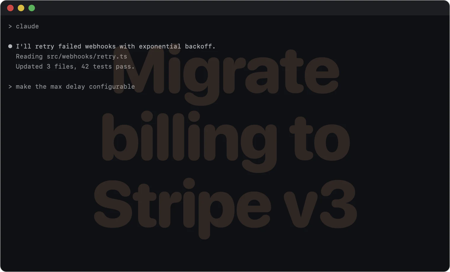 The watermark: the topic Migrate billing to Stripe v3 in large, faint orange letters behind a Terminal window's text